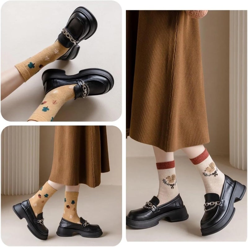 FORJMMP 5/10 Pairs Wool Socks for Women Thick Knit Vintage Cute Floral Crew Socks - Image 5